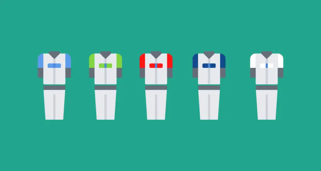 5 baseball uniform icons with different colore