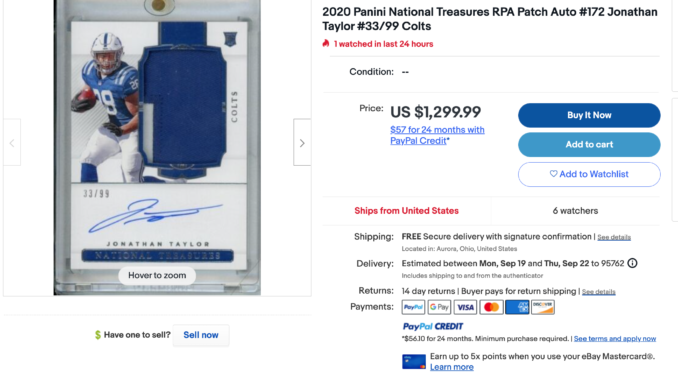 Jonathan Taylor 2020 National Treasures Rookie Auto/ Jsy /99 For